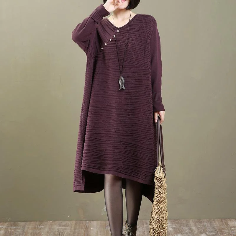 stylish purple knit dresses Loose fitting pullover Elegant asymmetrical long knit sweaters