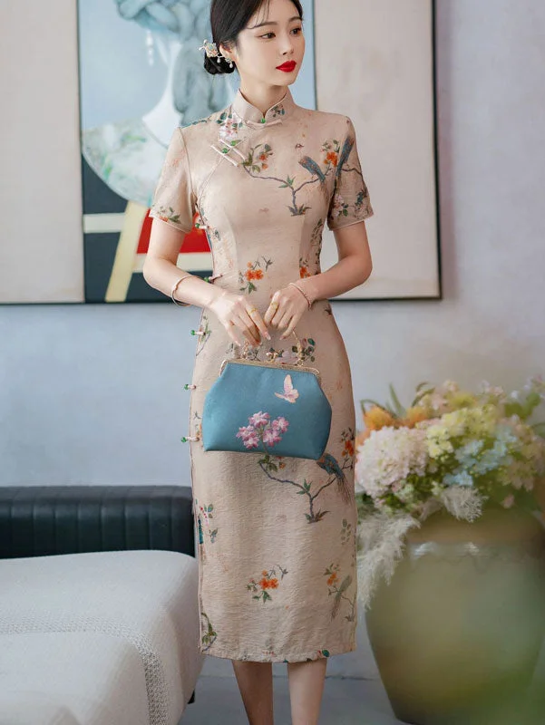 Summer Beige Floral Linen Tea Qipao Cheongsam Dress