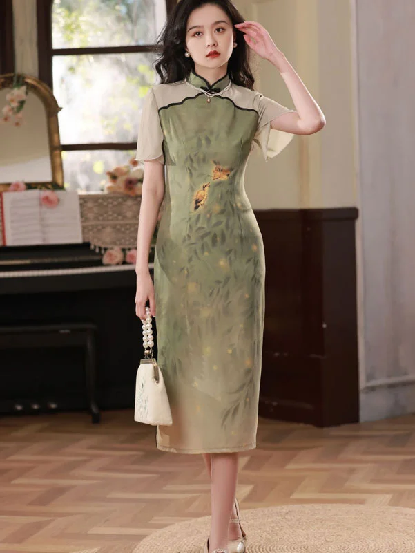 Summer Chinese Painting Print Mid Cheongsam Qipao Dress