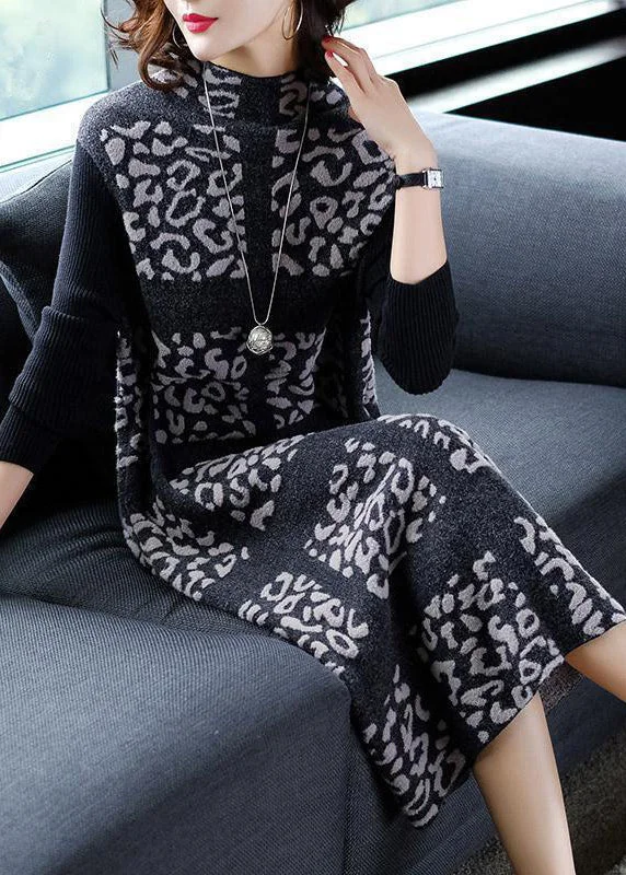 Unique Black Stand Collar Print Long Knit Dress Winter