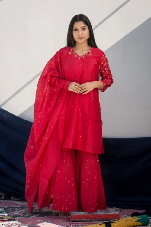 Urmul'Saba' Festive' Chanderi Kurti.(3Pc Kurta,Sharara And Dupatta Set)