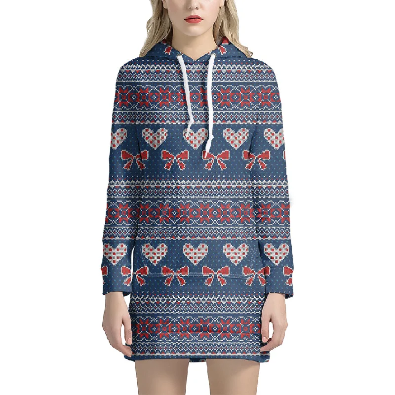 Valentine's Day Knitted Pattern Print Pullover Hoodie Dress