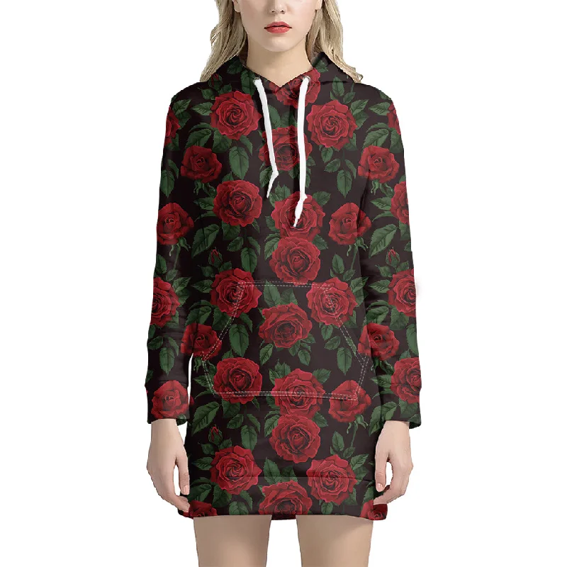 Valentine's Day Rose Pattern Print Pullover Hoodie Dress