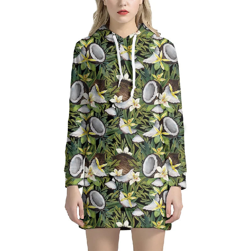 Vanilla Flower And Coconut Pattern Print Pullover Hoodie Dress