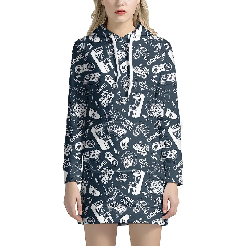 Video Game Devices Pattern Print Pullover Hoodie Dress