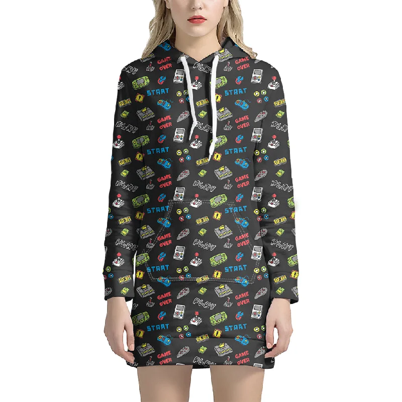 Video Game Gadgets Pattern Print Pullover Hoodie Dress