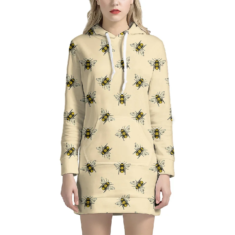 Vintage Bee Pattern Print Pullover Hoodie Dress