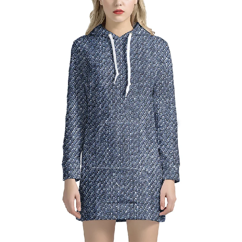 Vintage Blue Denim Jeans Print Pullover Hoodie Dress