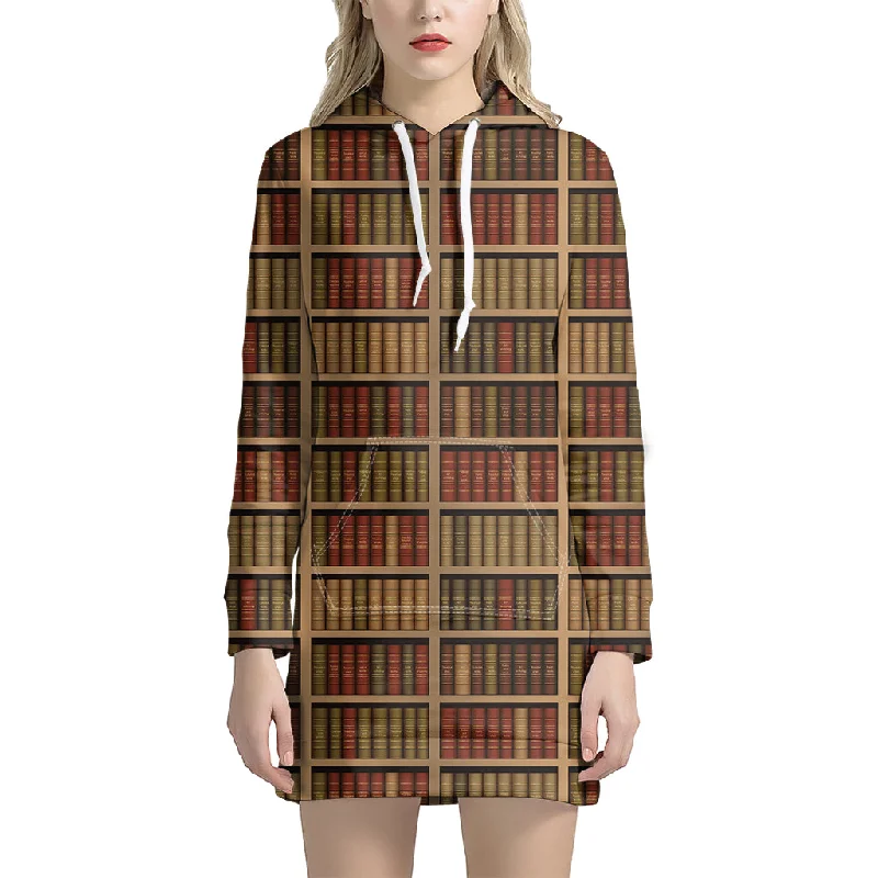 Vintage Bookshelf Pattern Print Pullover Hoodie Dress