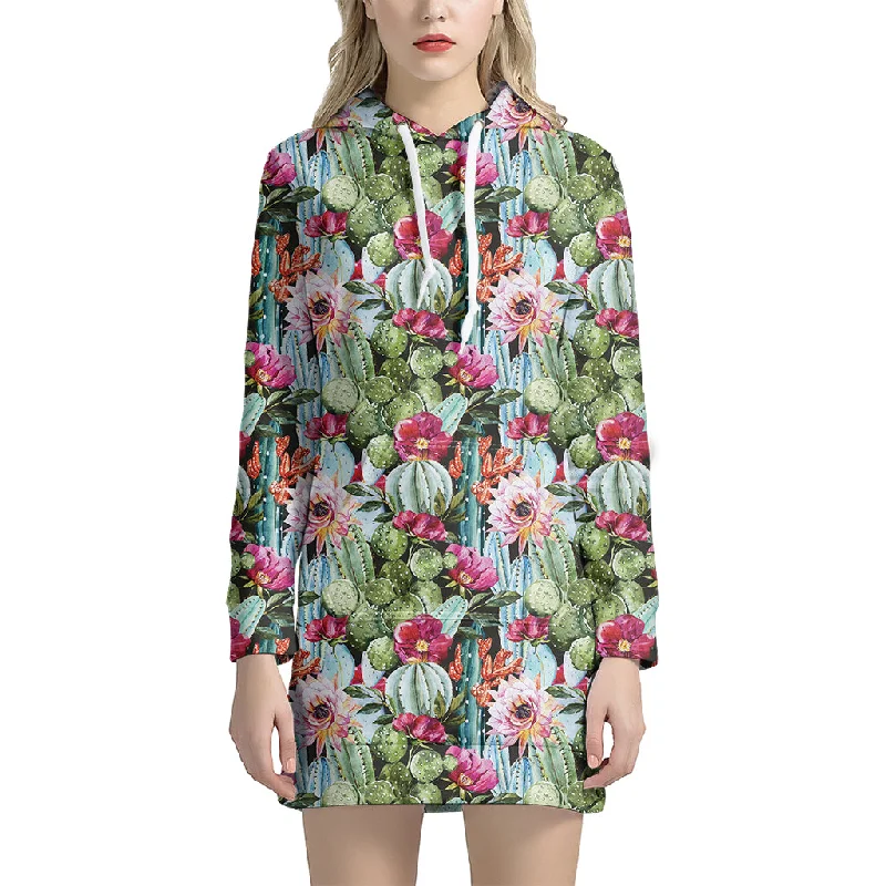 Vintage Cactus And Flower Print Pullover Hoodie Dress