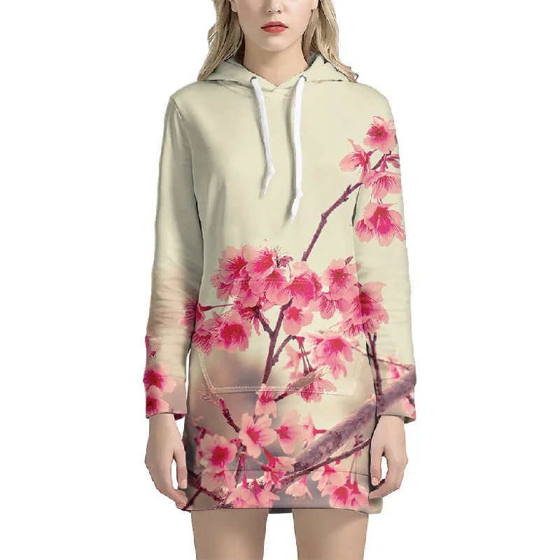 Vintage Cherry Blossom Print Pullover Hoodie Dress