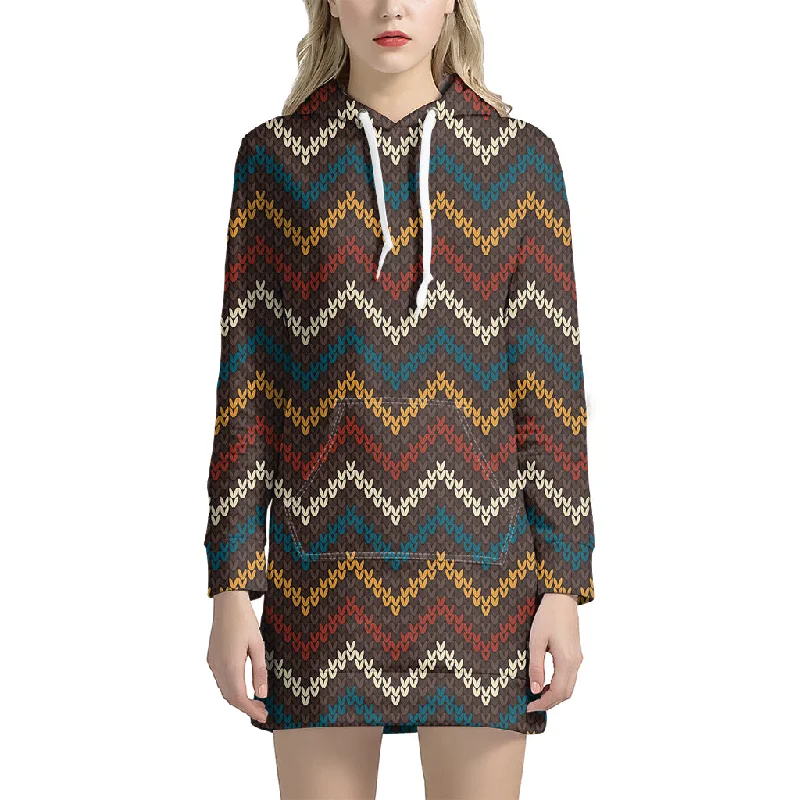 Vintage Chevron Knitted Pattern Print Pullover Hoodie Dress