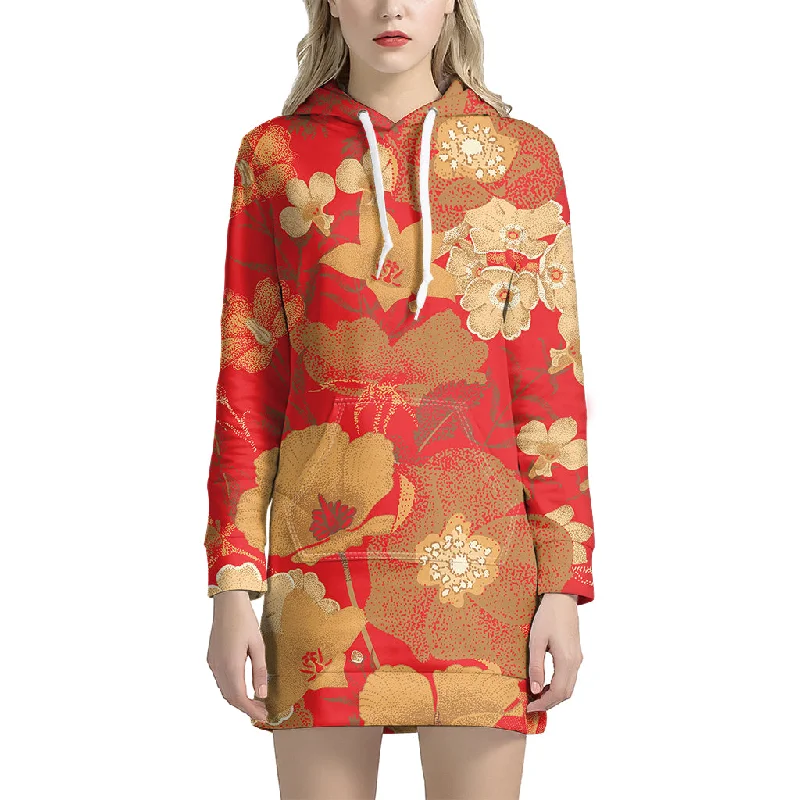 Vintage Chinese Flower Print Pullover Hoodie Dress