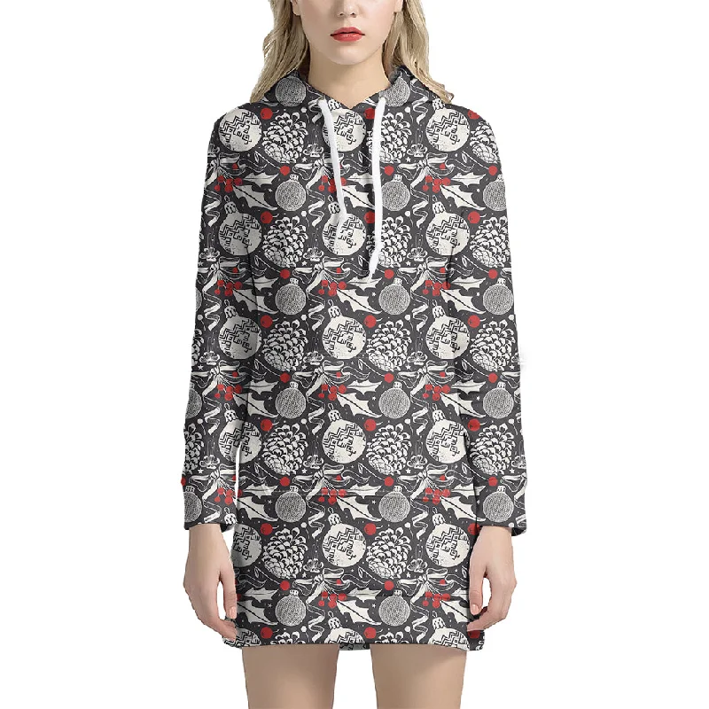 Vintage Christmas Decorations Print Pullover Hoodie Dress