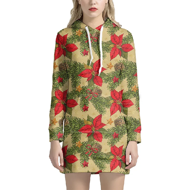 Vintage Christmas Poinsettia Print Pullover Hoodie Dress