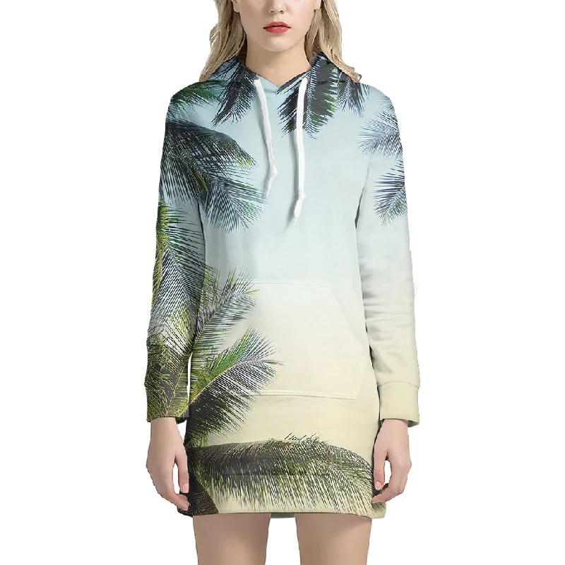 Vintage Coconut Tree Print Pullover Hoodie Dress