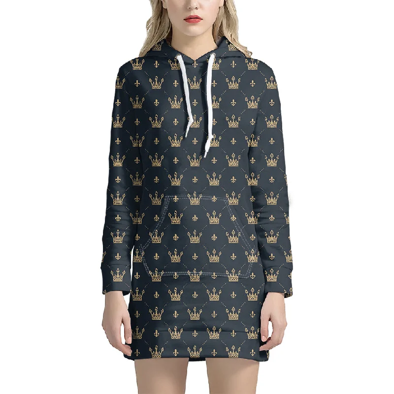 Vintage Crown Pattern Print Pullover Hoodie Dress