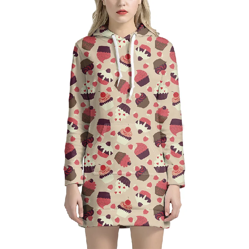 Vintage Cupcake Pattern Print Pullover Hoodie Dress