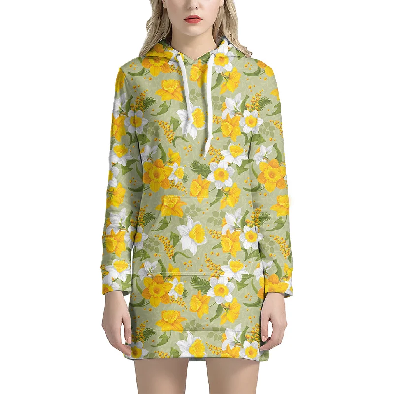 Vintage Daffodil Flower Pattern Print Pullover Hoodie Dress