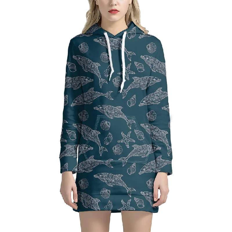 Vintage Dolphins Pattern Print Pullover Hoodie Dress