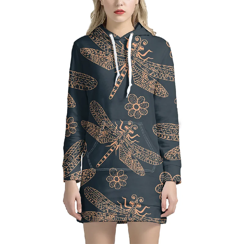 Vintage Dragonfly Pattern Print Pullover Hoodie Dress