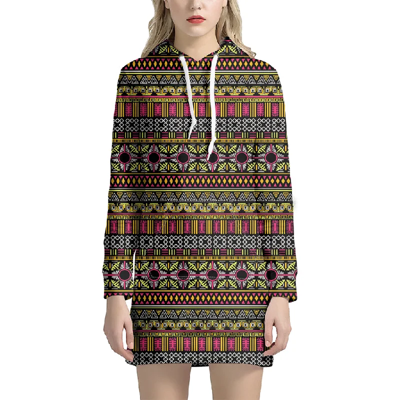 Vintage Ethnic Pattern Print Pullover Hoodie Dress