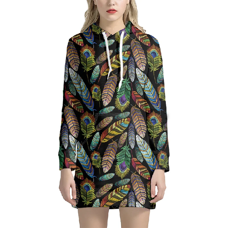 Vintage Feather Pattern Print Pullover Hoodie Dress