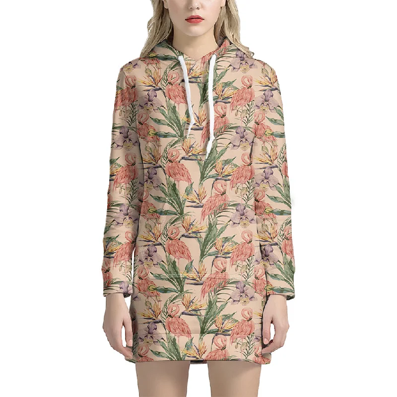 Vintage Flamingo Pattern Print Pullover Hoodie Dress