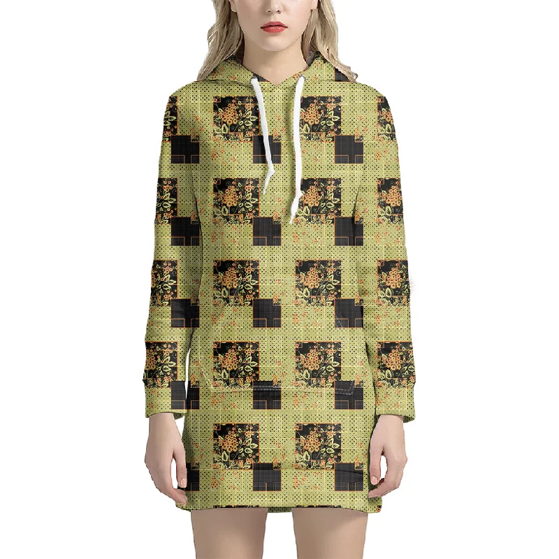 Vintage Flower Patchwork Pattern Print Pullover Hoodie Dress