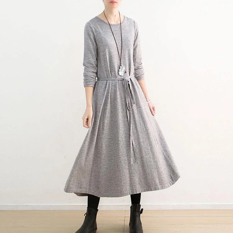 vintage gray knit dresses oversized o neck spring dresses boutique tie waist pullover sweater