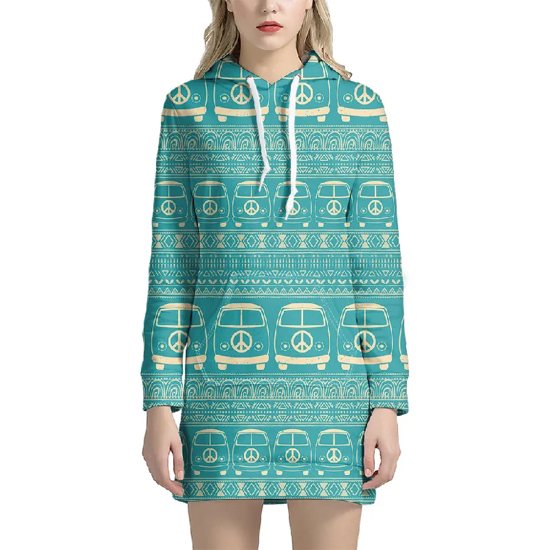 Vintage Hippie Van Pattern Print Pullover Hoodie Dress