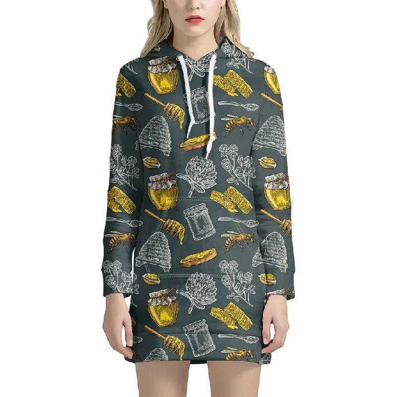 Vintage Honey Bee Print Pullover Hoodie Dress