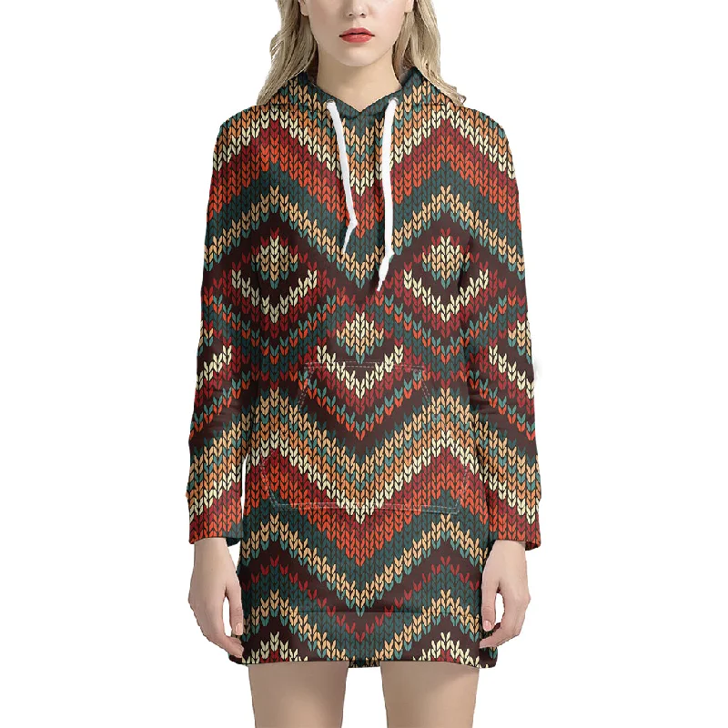 Vintage Knitted Pattern Print Pullover Hoodie Dress