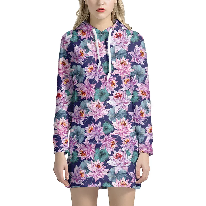 Vintage Lotus Flower Print Pullover Hoodie Dress