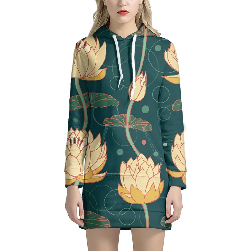 Vintage Lotus Pattern Print Pullover Hoodie Dress