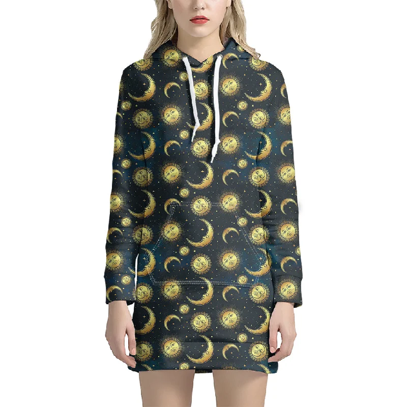 Vintage Moon And Sun Pattern Print Pullover Hoodie Dress