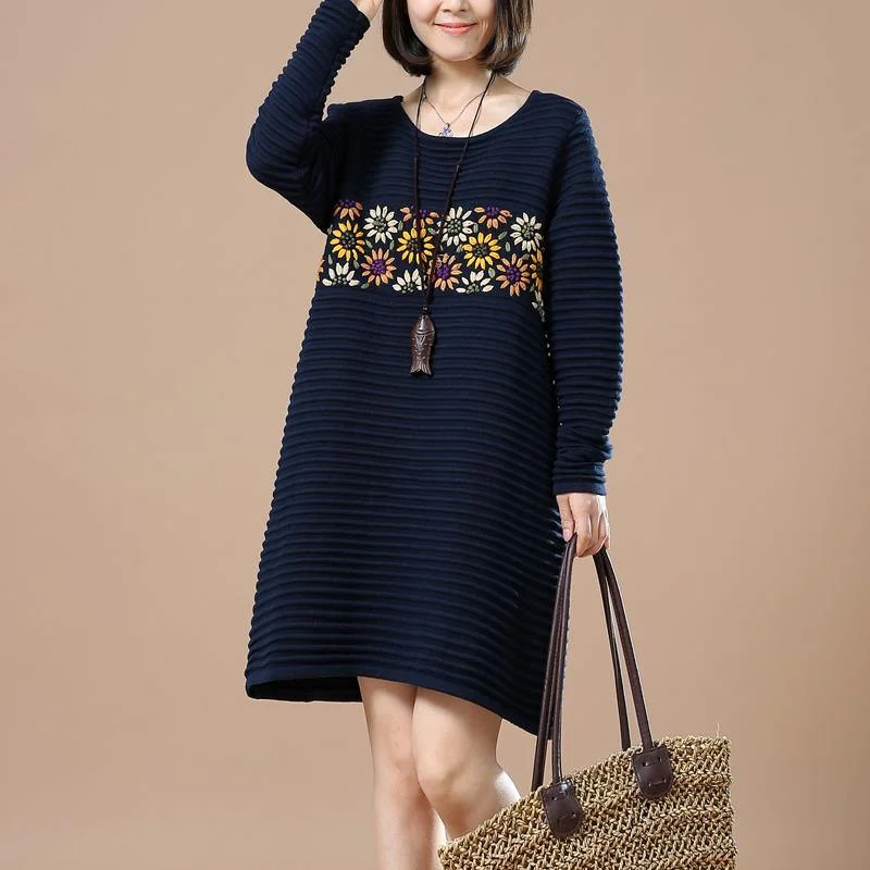 vintage navy joyful sunflower knit dresses spring fashion sweaters vintage long sweaters