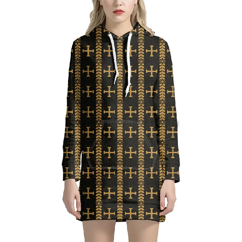 Vintage Orthodox Pattern Print Pullover Hoodie Dress