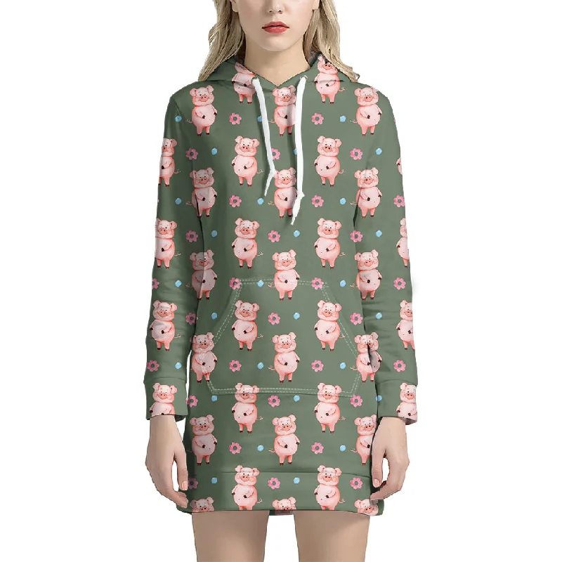 Vintage Pink Pig Pattern Print Pullover Hoodie Dress