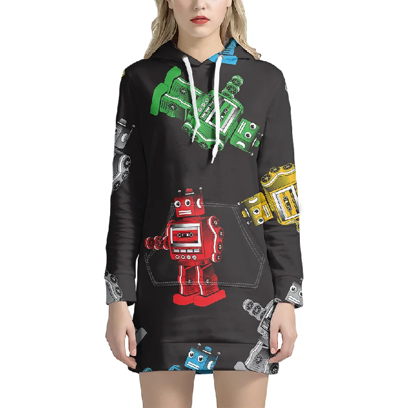 Vintage Robot Pattern Print Pullover Hoodie Dress