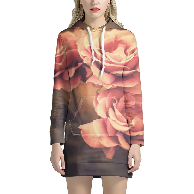 Vintage Rose Print Pullover Hoodie Dress