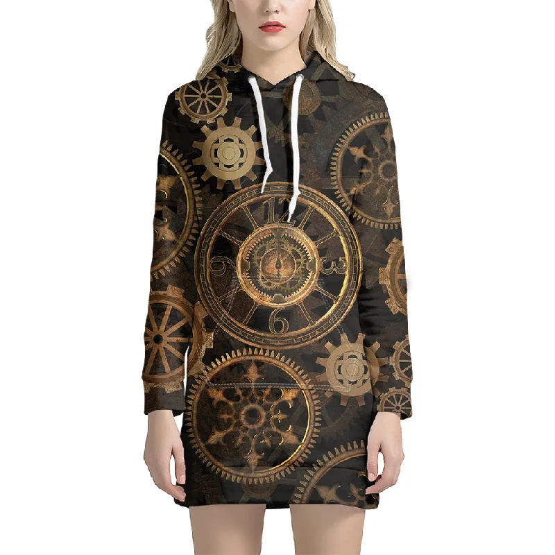 Vintage Steampunk Gears Print Pullover Hoodie Dress