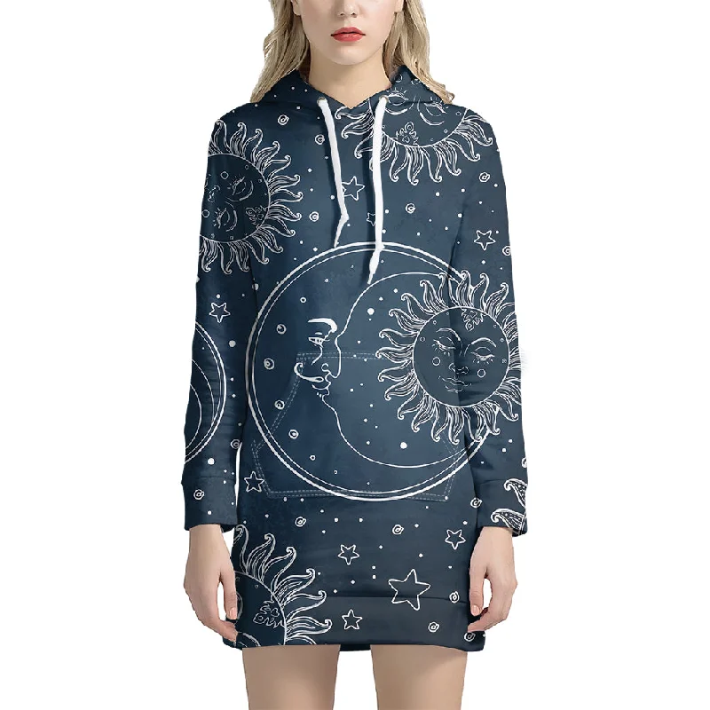 Vintage Sun And Moon Pattern Print Pullover Hoodie Dress