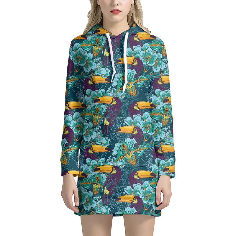 Vintage Toucan Pattern Print Pullover Hoodie Dress