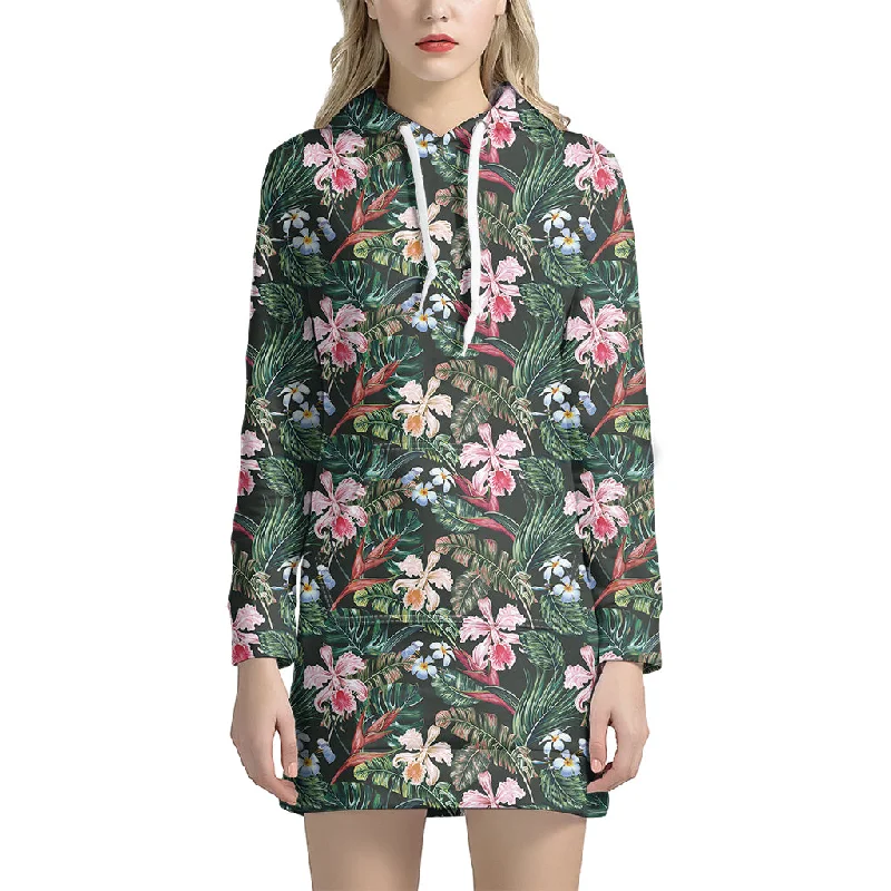 Vintage Tropical Exotic Hawaiian Print Pullover Hoodie Dress