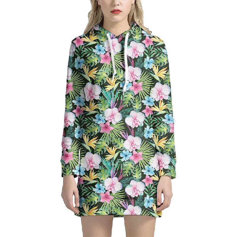 Vintage Tropical Jungle Hawaiian Print Pullover Hoodie Dress