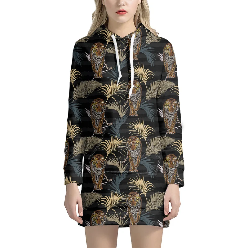 Vintage Tropical Tiger Pattern Print Pullover Hoodie Dress