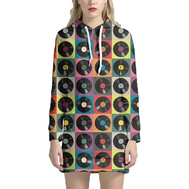 Vintage Vinyl Records Pattern Print Pullover Hoodie Dress