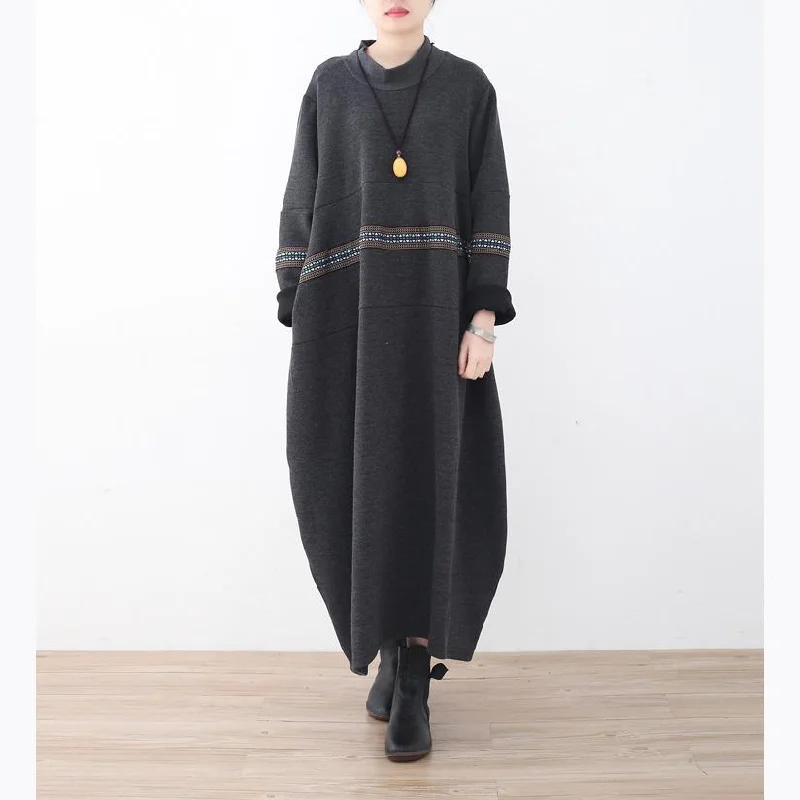 Warm Black Knit Dresses Loose Fitting Patchwork Long Knit Sweaters High Neck Pullover