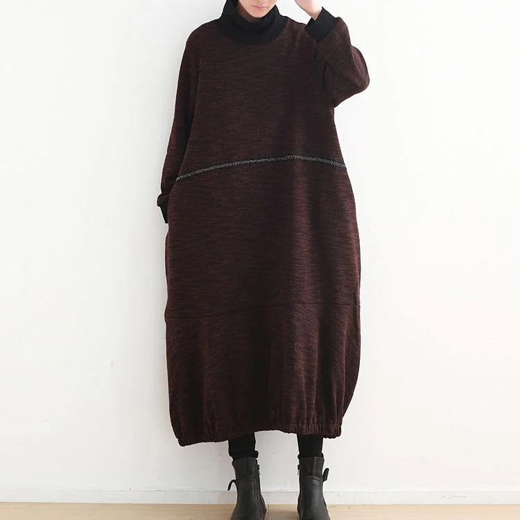 Warm Brown Knit Dresses Casual High Neck Spring Dresses Vintage Baggy Winter Dress